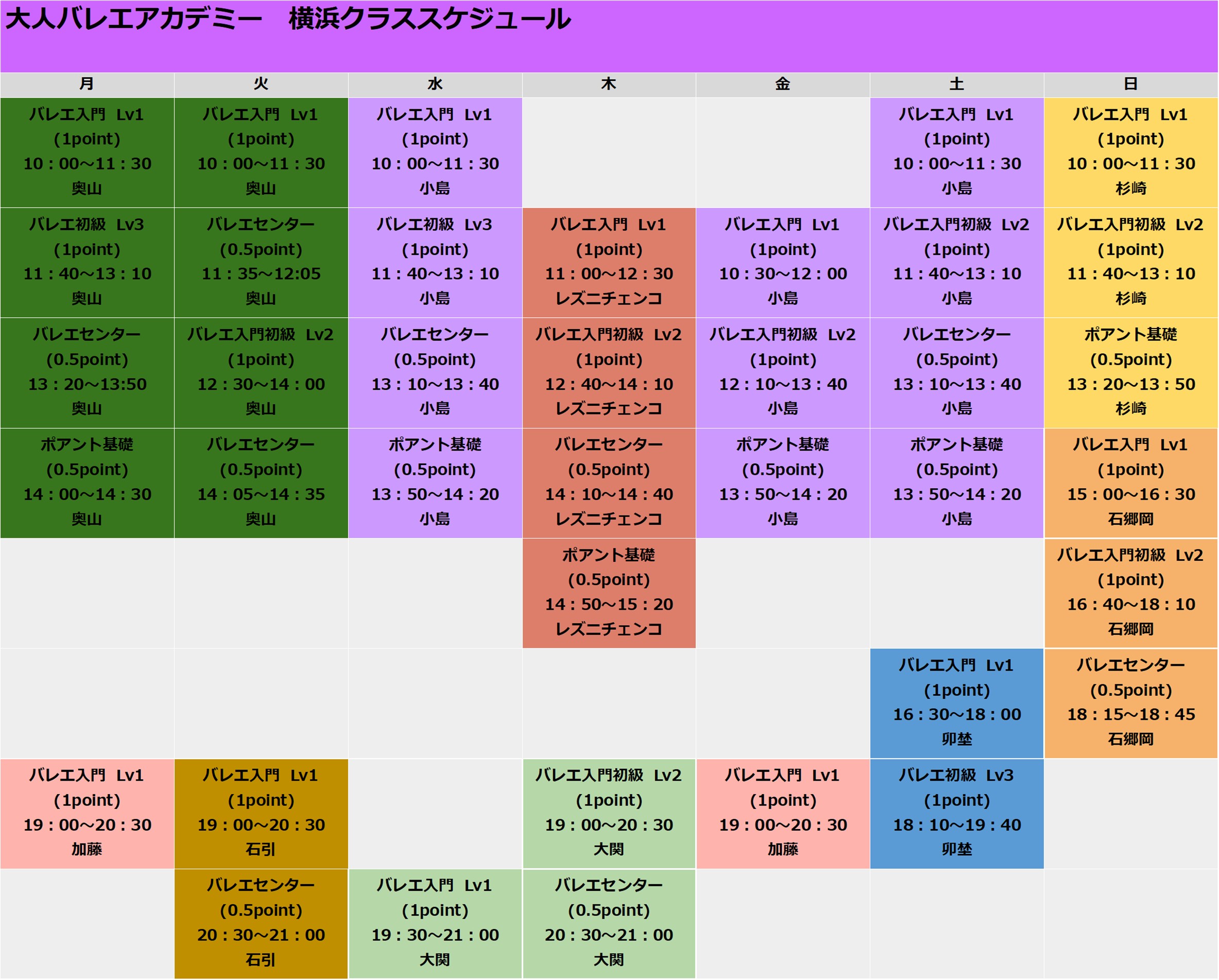 横浜スタジオの時間割（曜日・時間・クラス・講師）